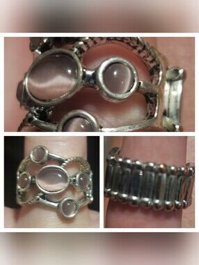 Silver Tone Gemstone Openwork Ring with Cabochons